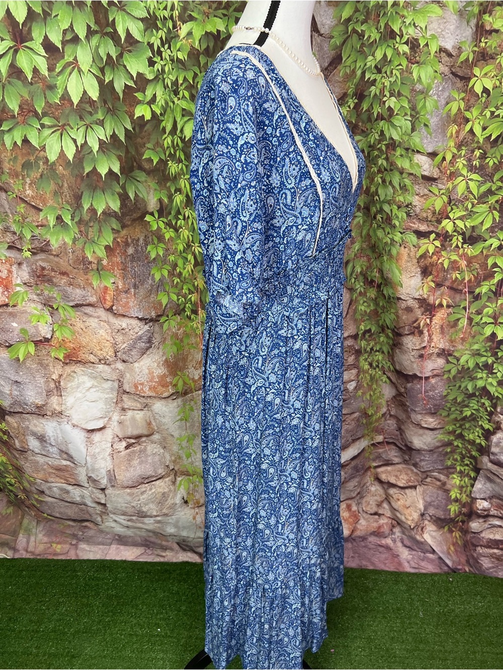 NWT ZARA Blue Floral Deep V-Neck Cottagecore Flutter Sleeve Maxi Dress, M - Picture 9 of 12